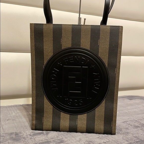 Fendi Handbags - Fendi Vintage Logo Stamp Pequin Coated Canvas Shoulder Bag